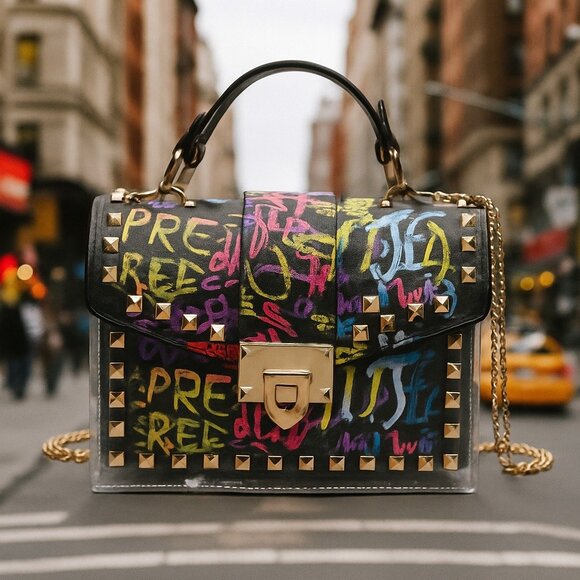 Handbags - Graffiti Print Clear 2pc Crossbody Clutch w/ Studs & Removable Zippered Pouch